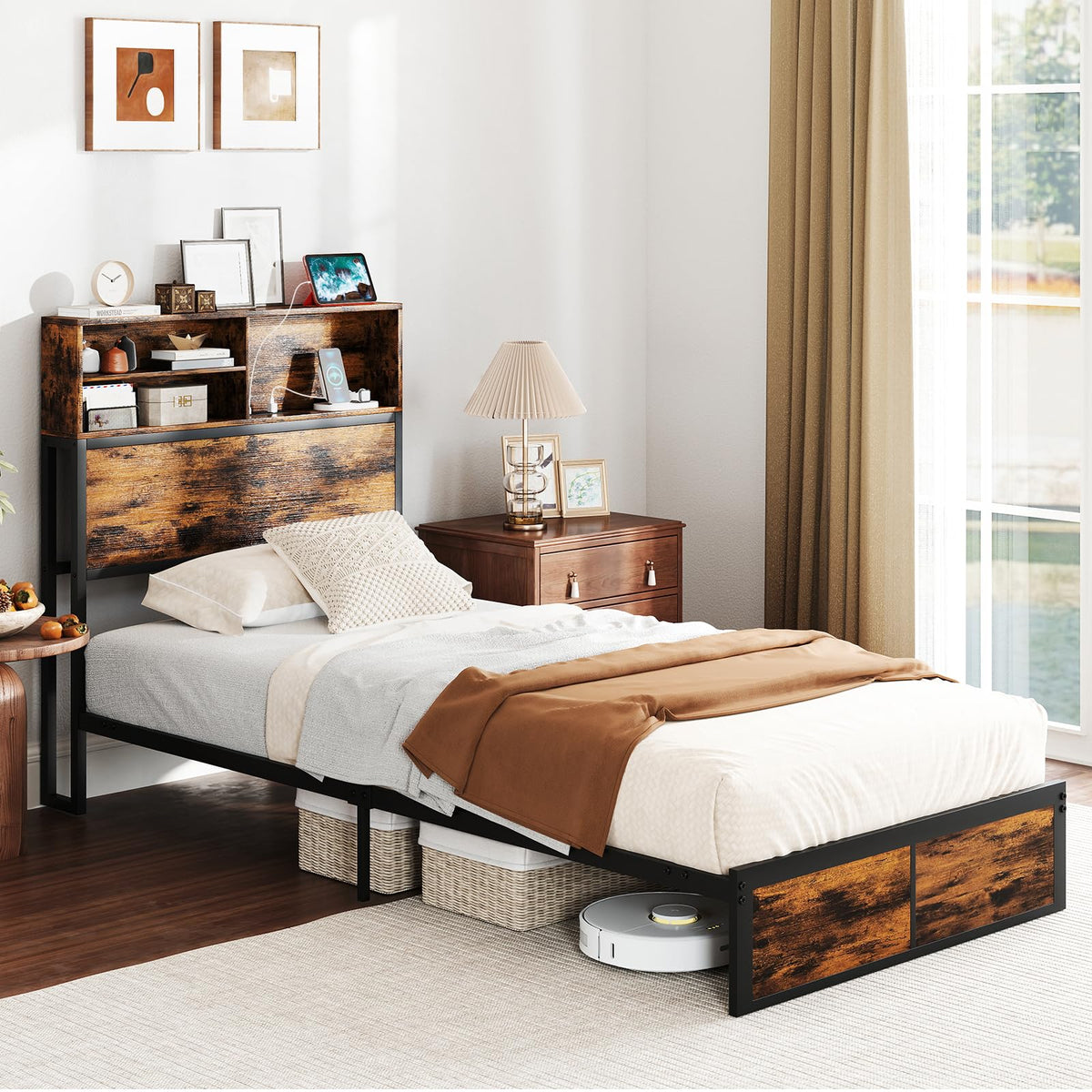 Goflame King/Queen/Twin Size Bed Frame with Storage Headboard and Charging Station, Industrial Metal Platform Bed