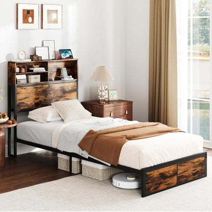 Goflame King/Queen/Twin Size Bed Frame with Storage Headboard and Charging Station, Industrial Metal Platform Bed