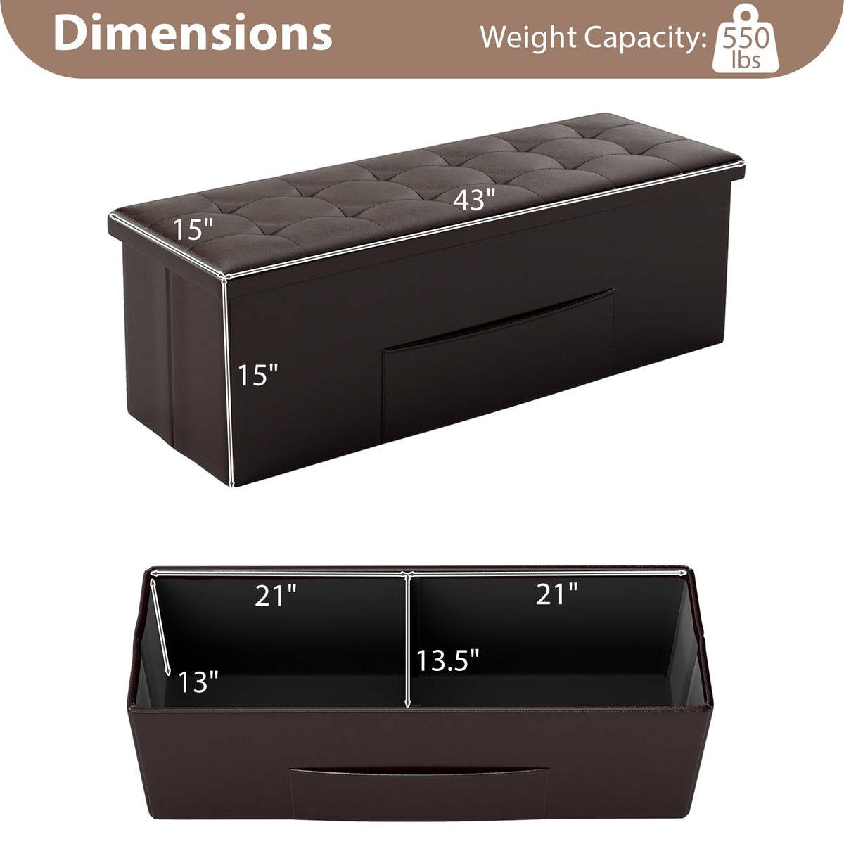 Goflame 43 Inches Folding Storage Ottoman Bench Upholstered PU Leather Storage Chest with Side Pocket