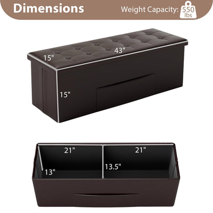 Goflame 43 Inches Folding Storage Ottoman Bench Upholstered PU Leather Storage Chest with Side Pocket