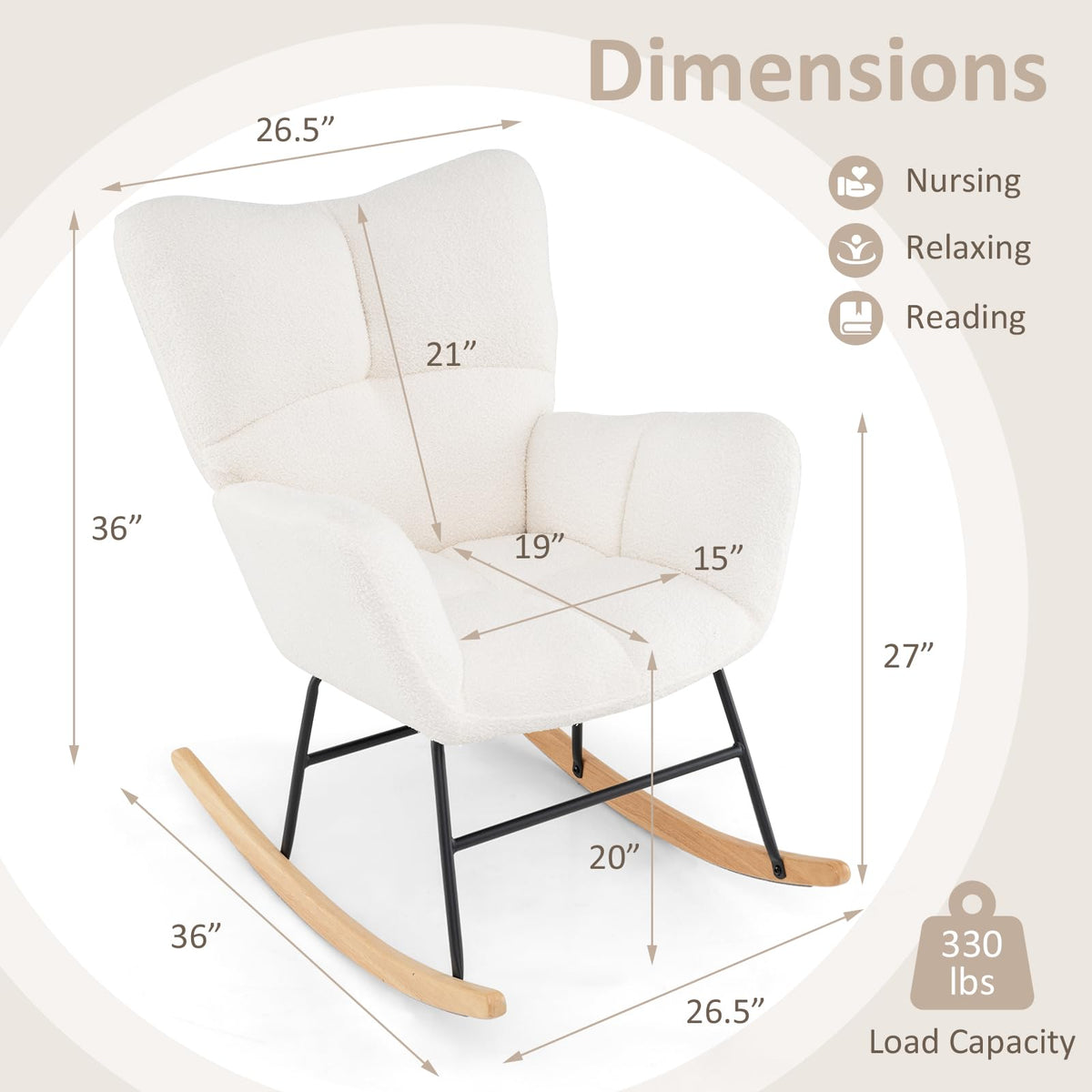 Goflame Rocking Chair Nursery, Teddy Upholstered Glider Rocker Chair w/High Backrest
