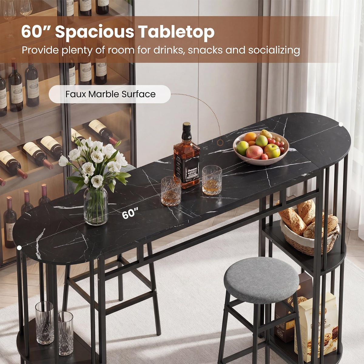 Goflame 3 Pieces Bar Table Set for 2 with 2 Padded Stools