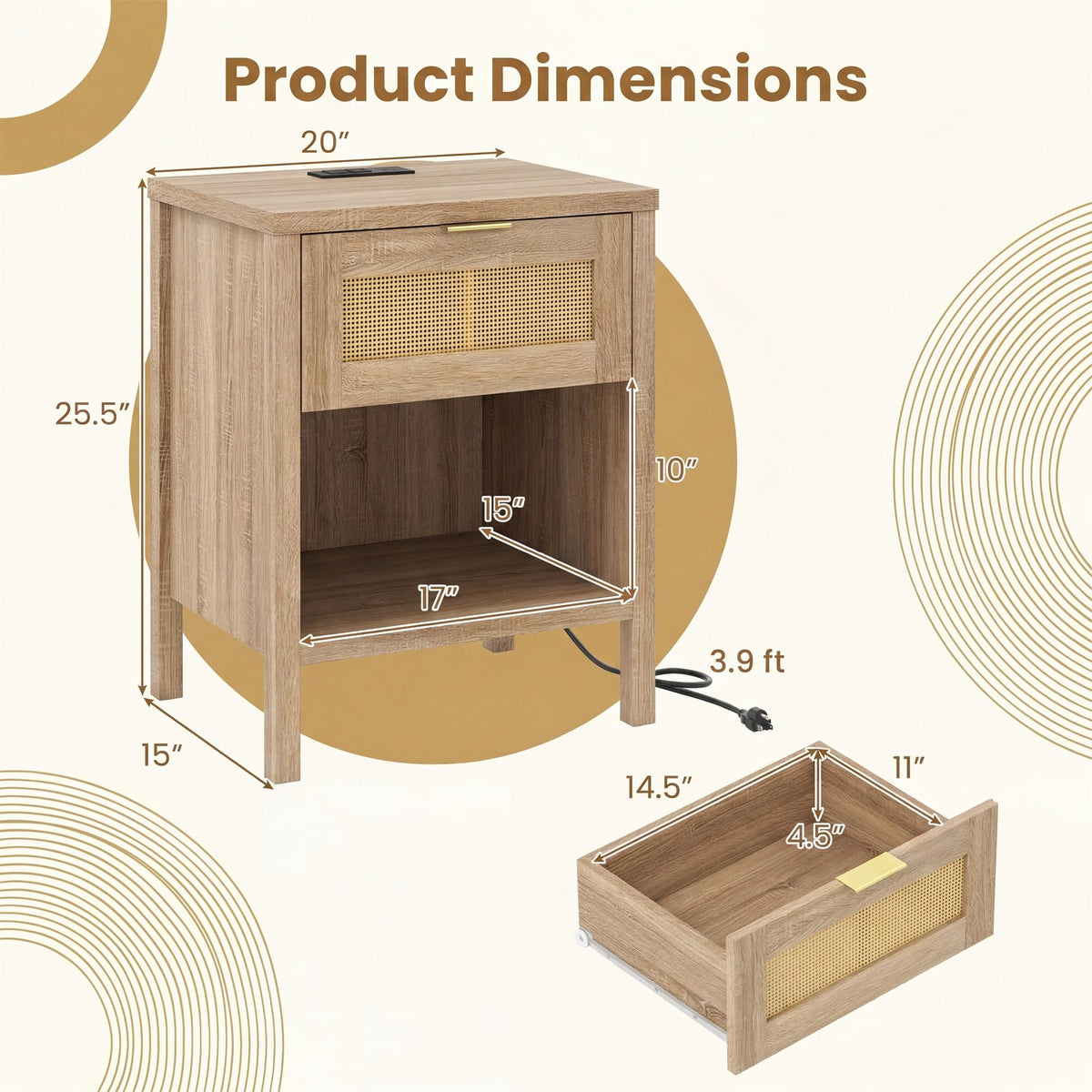 Goflame Rattan Night Stand with Drawer and Open Shelf (1/2)