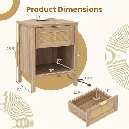 Goflame Rattan Night Stand with Drawer and Open Shelf (1/2)
