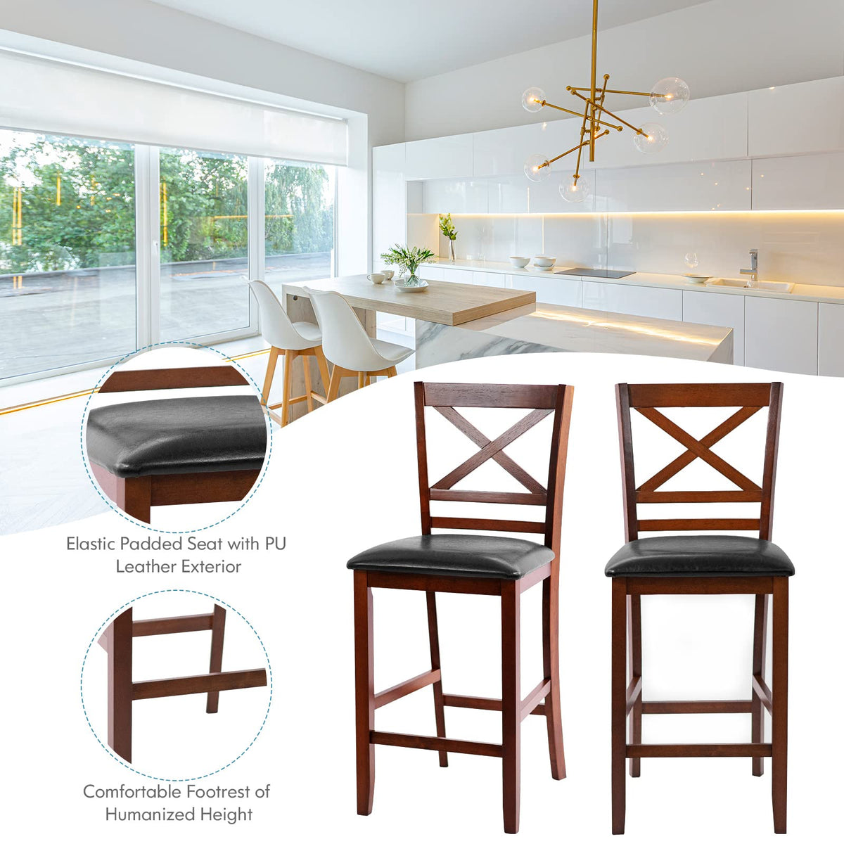 Goflame Modern 25” Counter Height Dining Pub Stools with X-Shaped Backrest, Soft Cushion & Durable PU Seat
