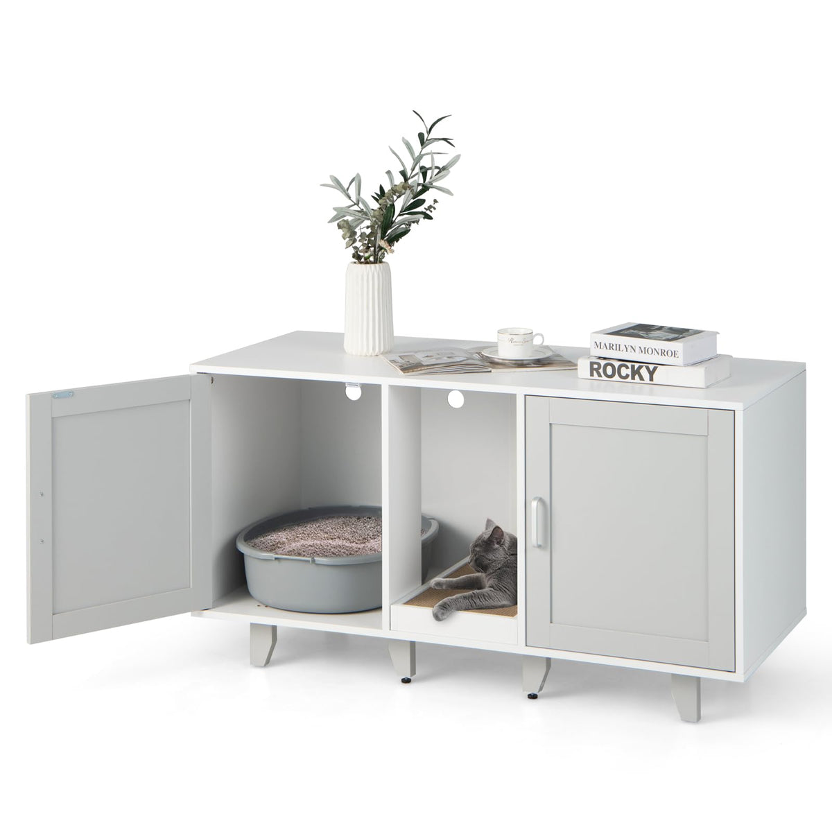 Goflame Cat Litter Box Enclosure - Cat Washroom Hidden Furniture with 2 Storage Cabinets