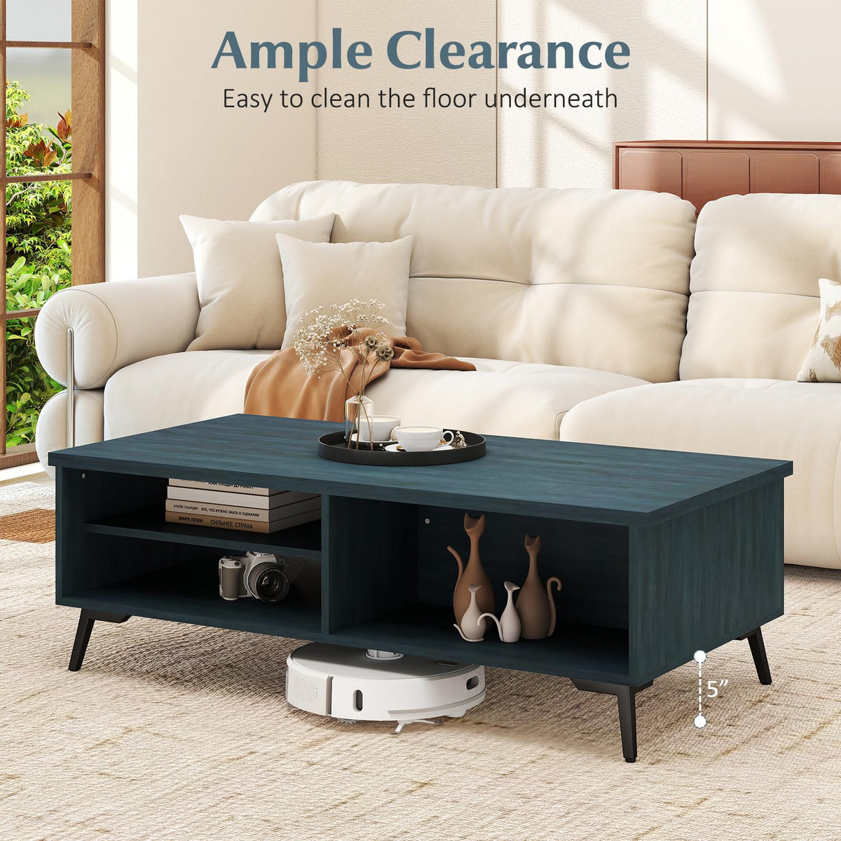 Goflame 2-Tier Mid Century Modern Coffee Table with Storage Shelves Compartments