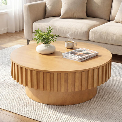 Goflame Round Coffee Table with Storage | Modern Drum Fluted Center Table with Solid Wood Veneered