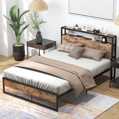 Goflame Full Bed Frame with Storage Headboard and Charging Station, with Outlets and USB Ports