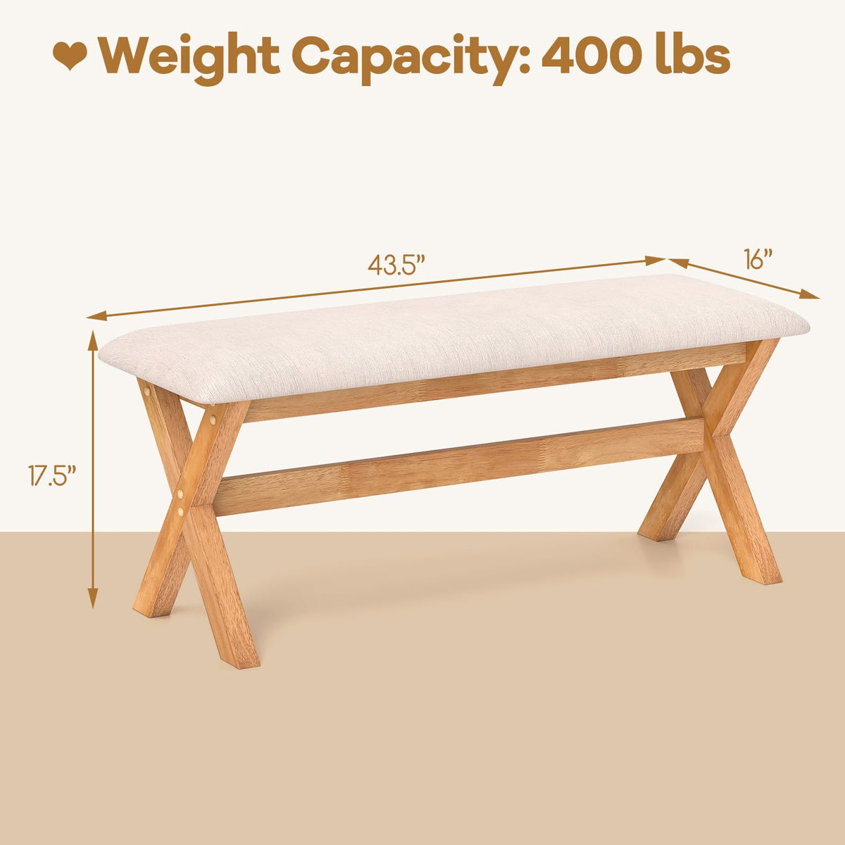 Goflame Upholstered Long Entryway Bench, Rubber Wood Dining Bench with Padded Seat, 43.5x15.5x17.5 Inches, 400 Lbs Capacity