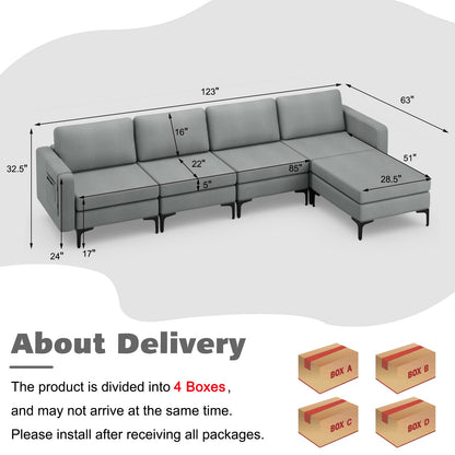 Goflame 4 Seat Convertible Sofa Couch, 123" L Sectional Sleeper with 2 or 1 USB Ports Socket