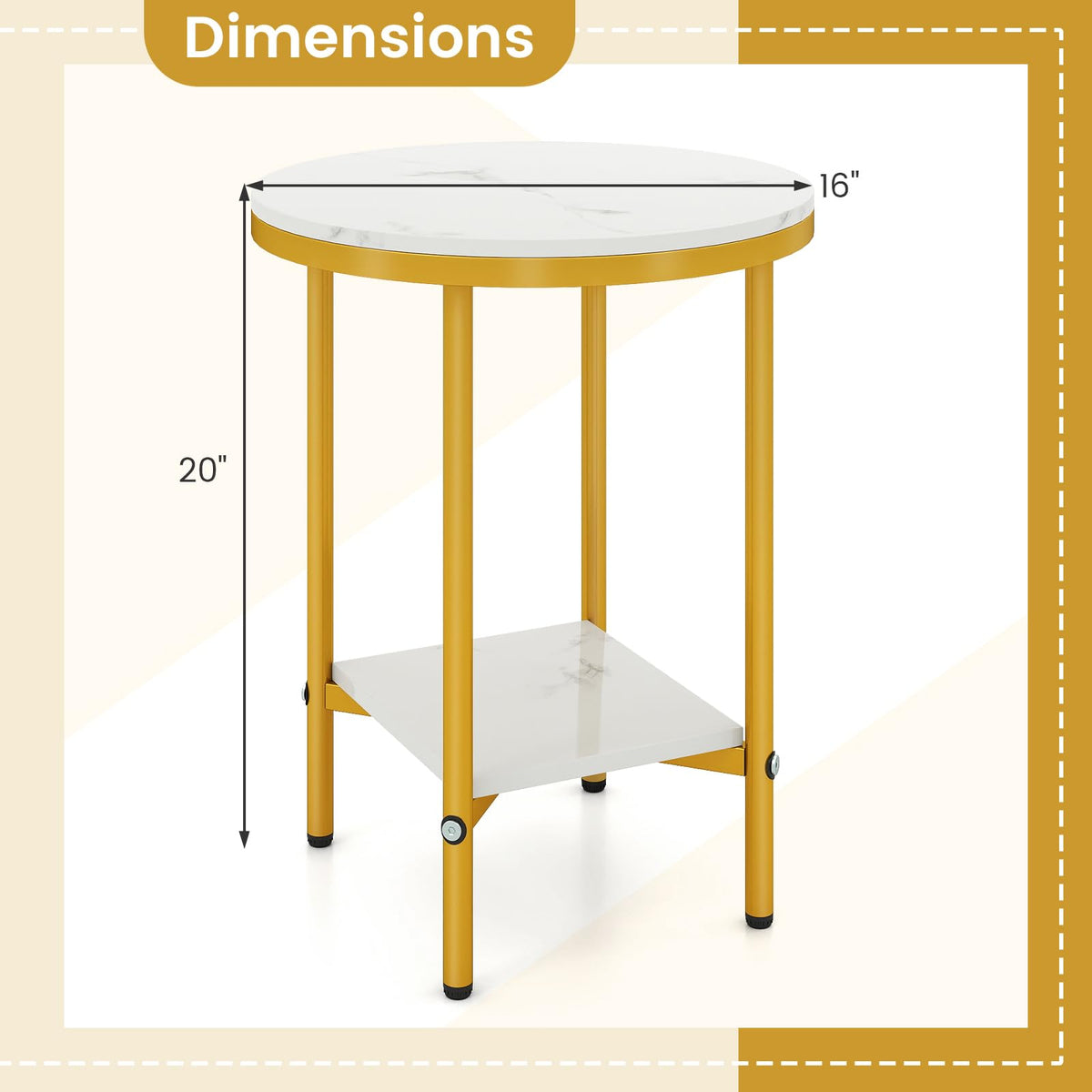 Goflame Round Side Table 2-Tier Faux Marble Sofa Side Coffee Table w/Gold Frame & Open Shelf