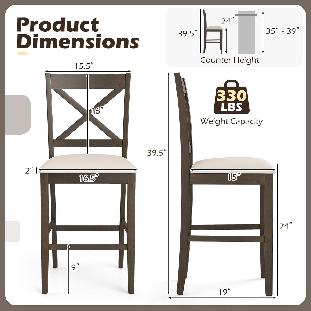 Goflame 24" Farmhouse Bar Stools | Cross Back Counter Height Chairs with Padded Linen Upholstered Seat (2/4)