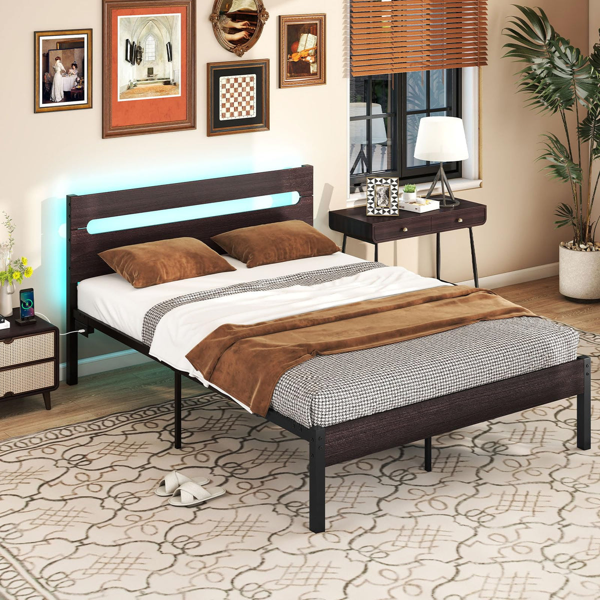 Goflame Full Size LED Bed Frame with Charging Station Rustic Metal Platform Bed