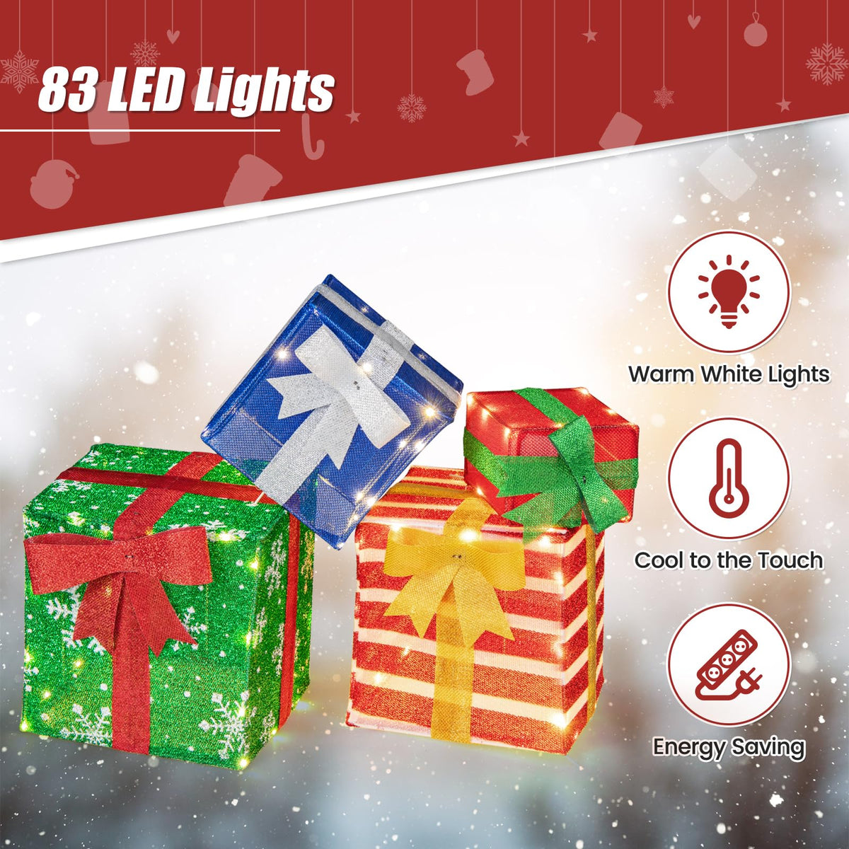 Goflame Lighted Gift Boxes, Set of 4 Stackable Pre-lit Box Decorations with Warm White LED Lights & Pre-Assembled Ribbons