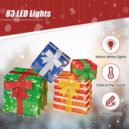 Goflame Lighted Gift Boxes, Set of 4 Stackable Pre-lit Box Decorations with Warm White LED Lights & Pre-Assembled Ribbons