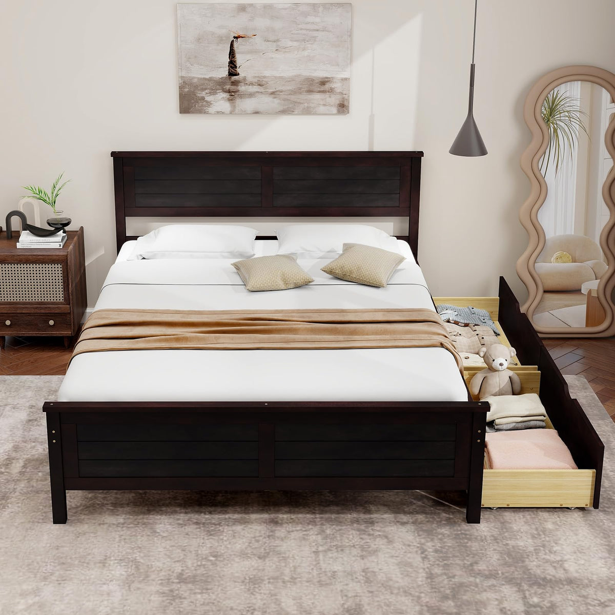 Goflame Wood Full Size Bed Frame with 2 Storage Drawers, Solid Wood Platform Bed with Headboard