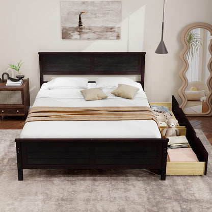 Goflame Wood Full Size Bed Frame with 2 Storage Drawers, Solid Wood Platform Bed with Headboard