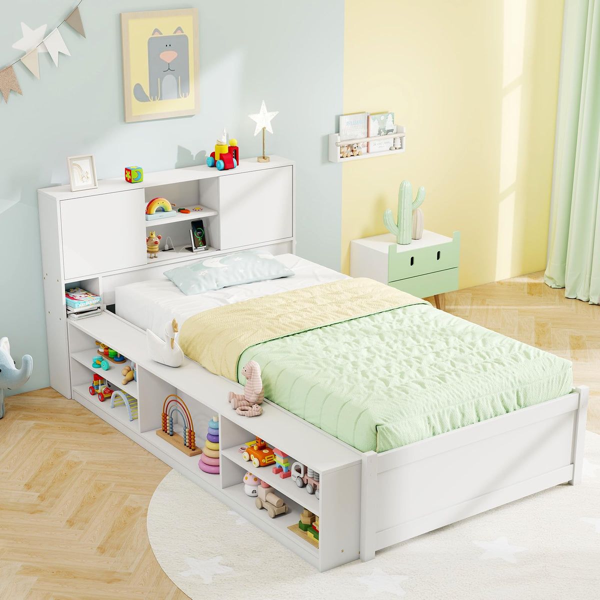 Goflame White Twin Size Bed Frame with Trundle and Bookcase Headboard
