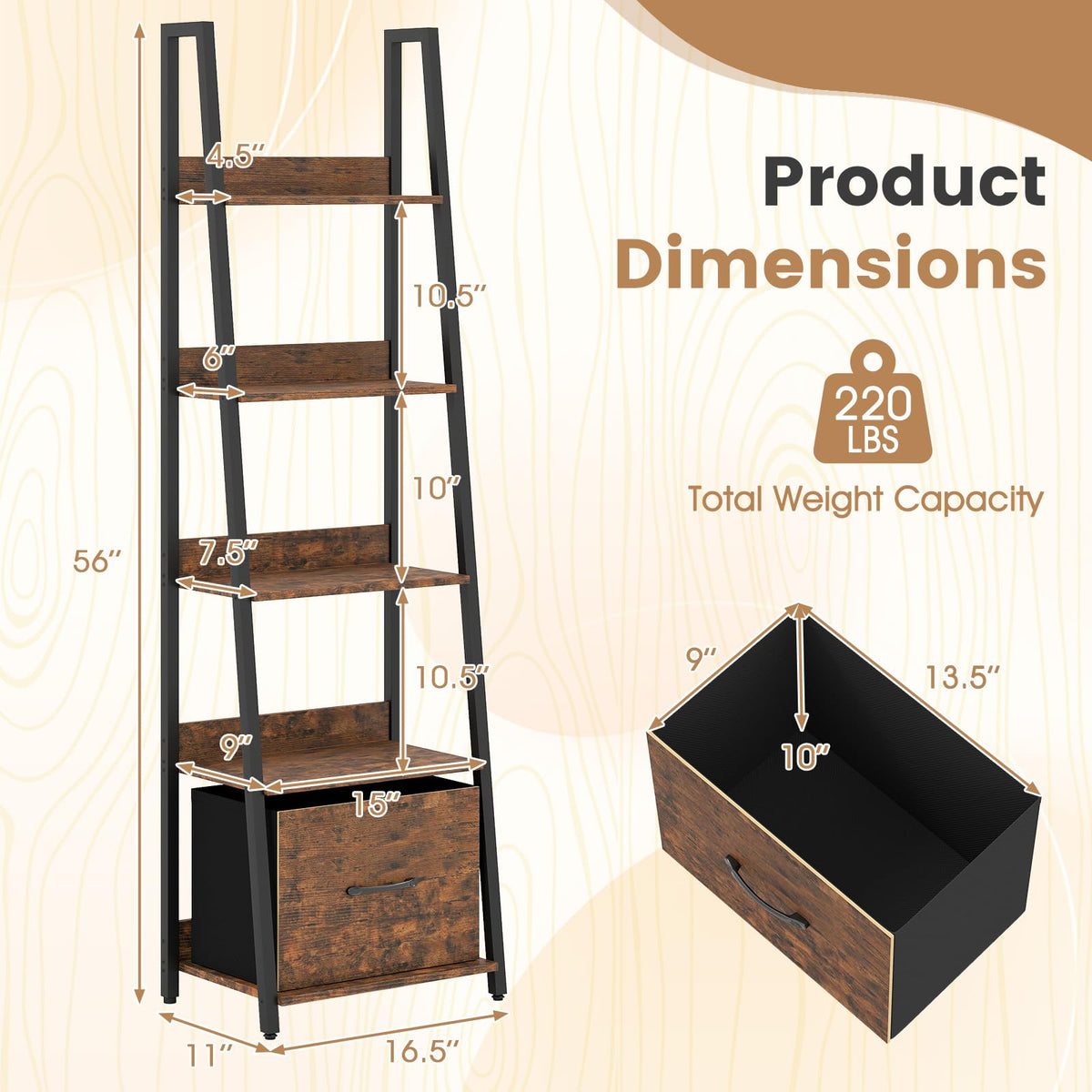 Goflame 5-Tier Industrial Ladder Bookshelf with Removable Fabric Drawer (1/2)