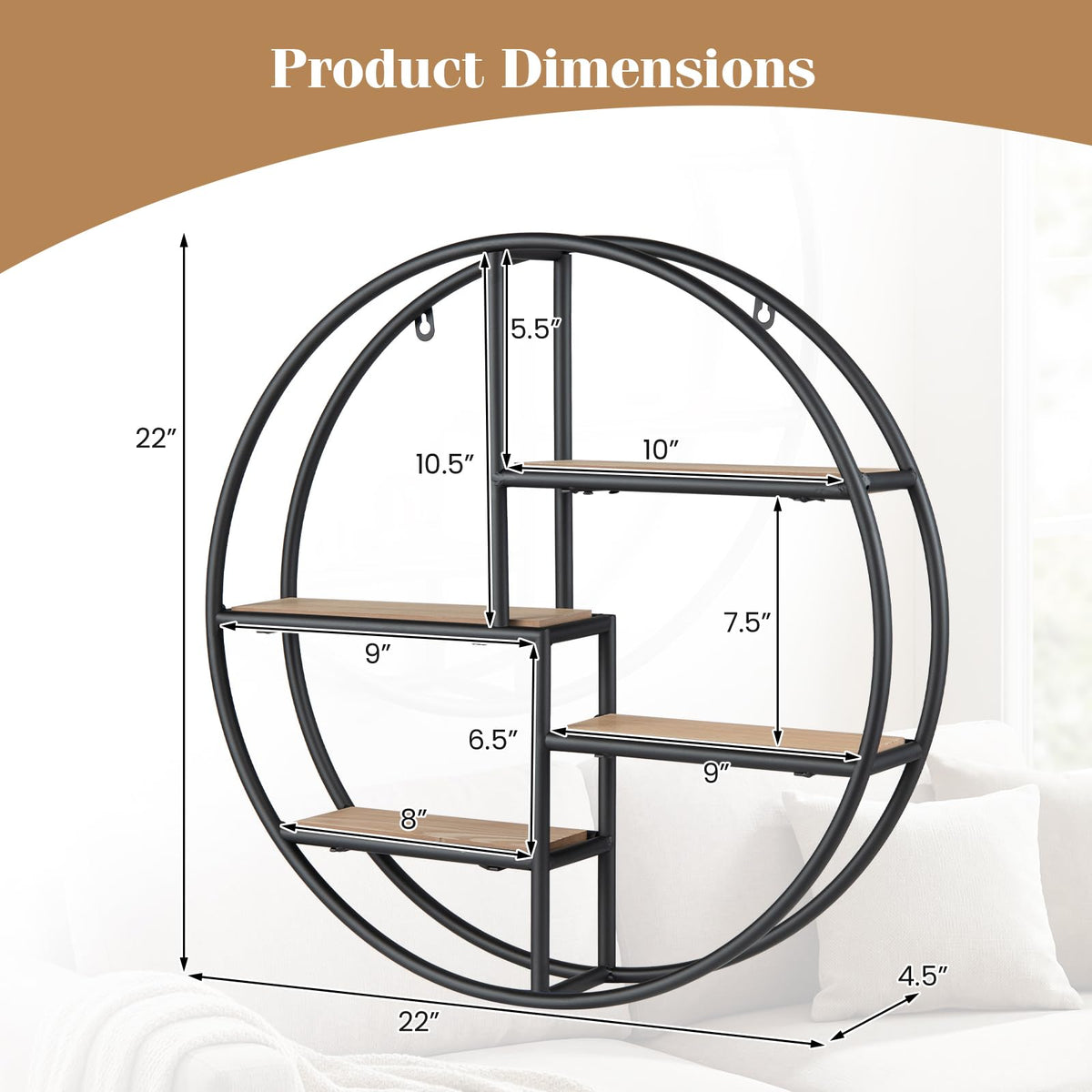 Goflame Industrial Style Round Wall Shelves for Living Room