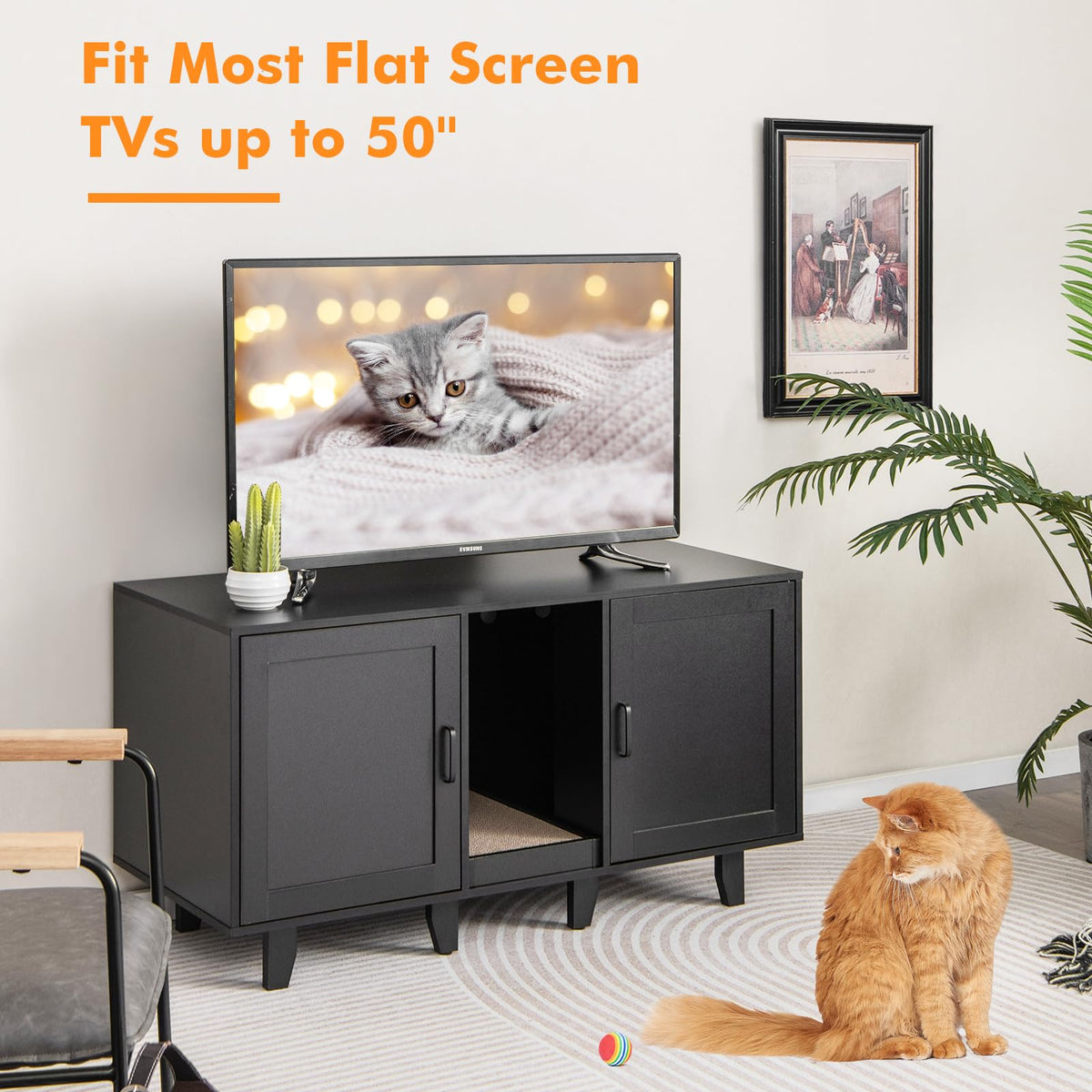 Goflame Cat Litter Box Enclosure - Cat Washroom Hidden Furniture with 2 Storage Cabinets