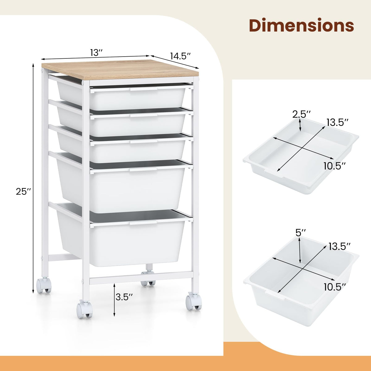 Goflame 5-Drawer Rolling Storage Cart Mobile Utility Organizer with Wooden Tabletop and Lockable Wheels