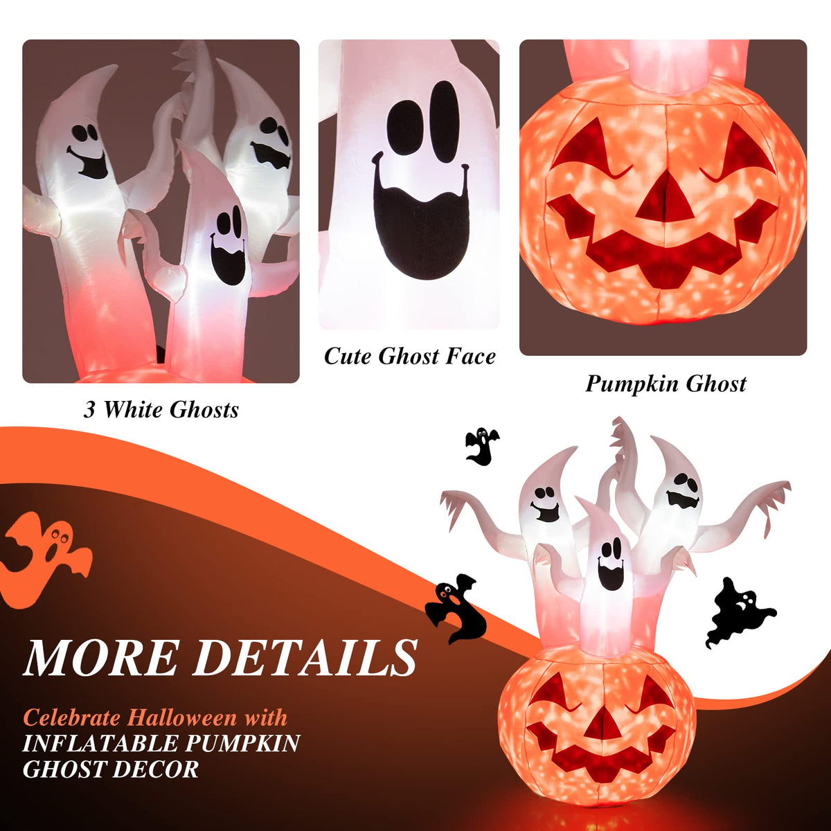 6FT Halloween Inflatable Decorations, 3 White Ghosts on Pumpkin