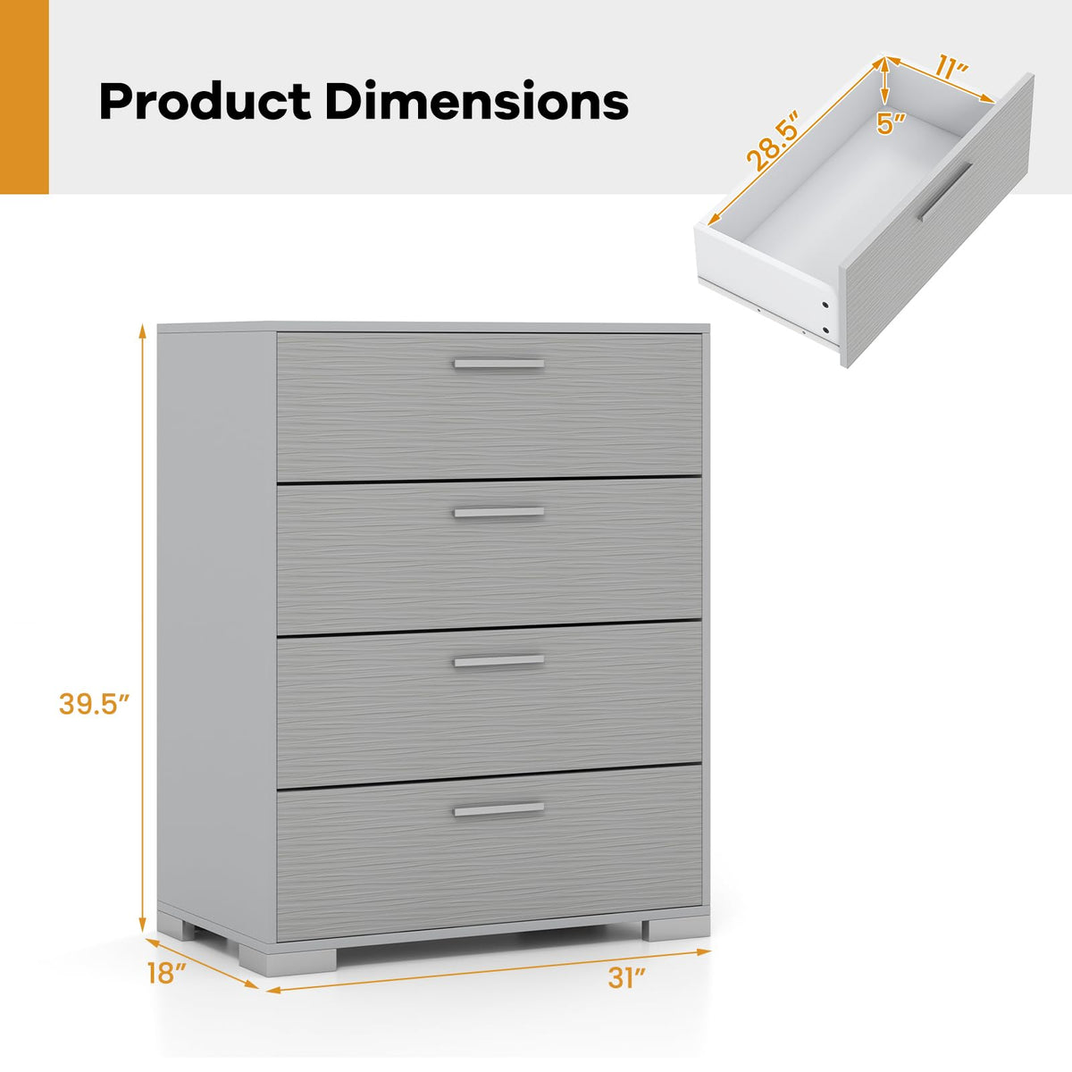 Goflame Storage Cabinet with 4 Drawers, Metal Legs & Handles, Anti-Toppling Devices, Tall Cabinet