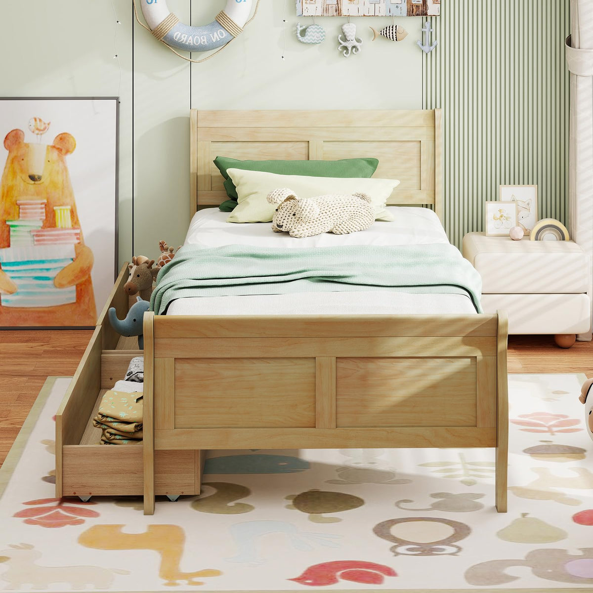 Goflame Twin/ Full/ Queen Bed with 2 Storage Drawers Wood Platform Bed with Headboard & Footboard