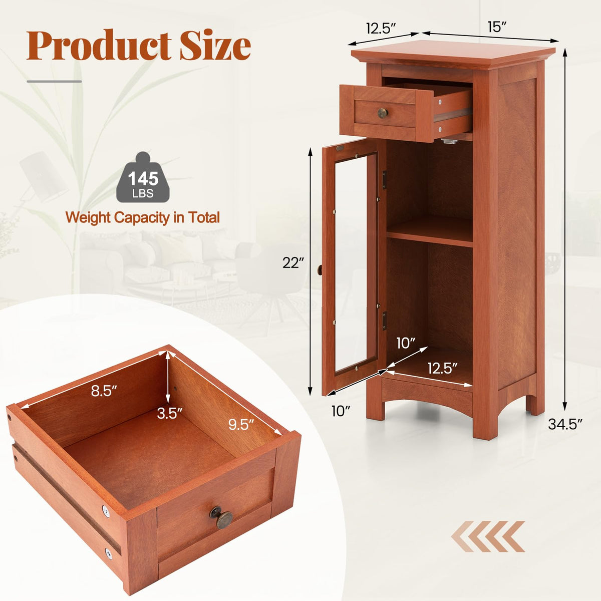Goflame Small Bathroom Storage Cabinet, Freestanding Narrow Bathroom Cabinet with Single Glass Door, Drawer