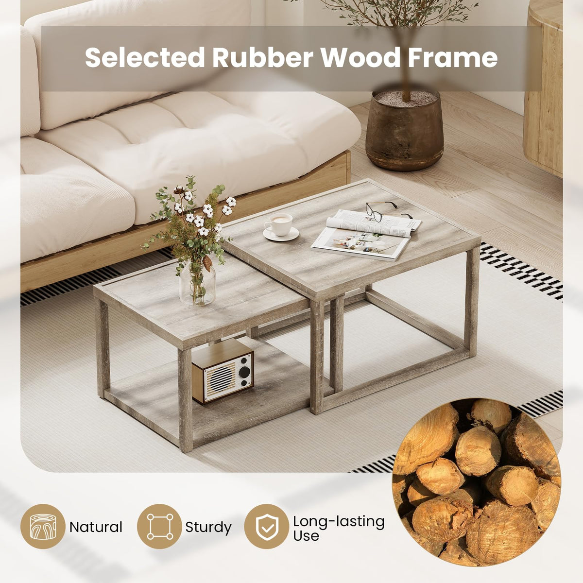 Goflame Nesting Coffee Tables Set of 2 with Storage Shelf Rubber Wood