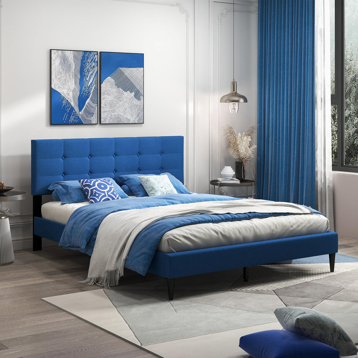 Goflame Queen/Twin Size Platform Bed Frame with Button Tufted Headboard and Wooden Slats