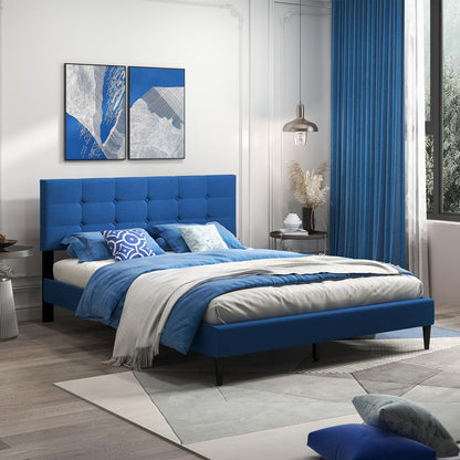 Goflame Queen/Twin Size Platform Bed Frame with Button Tufted Headboard and Wooden Slats