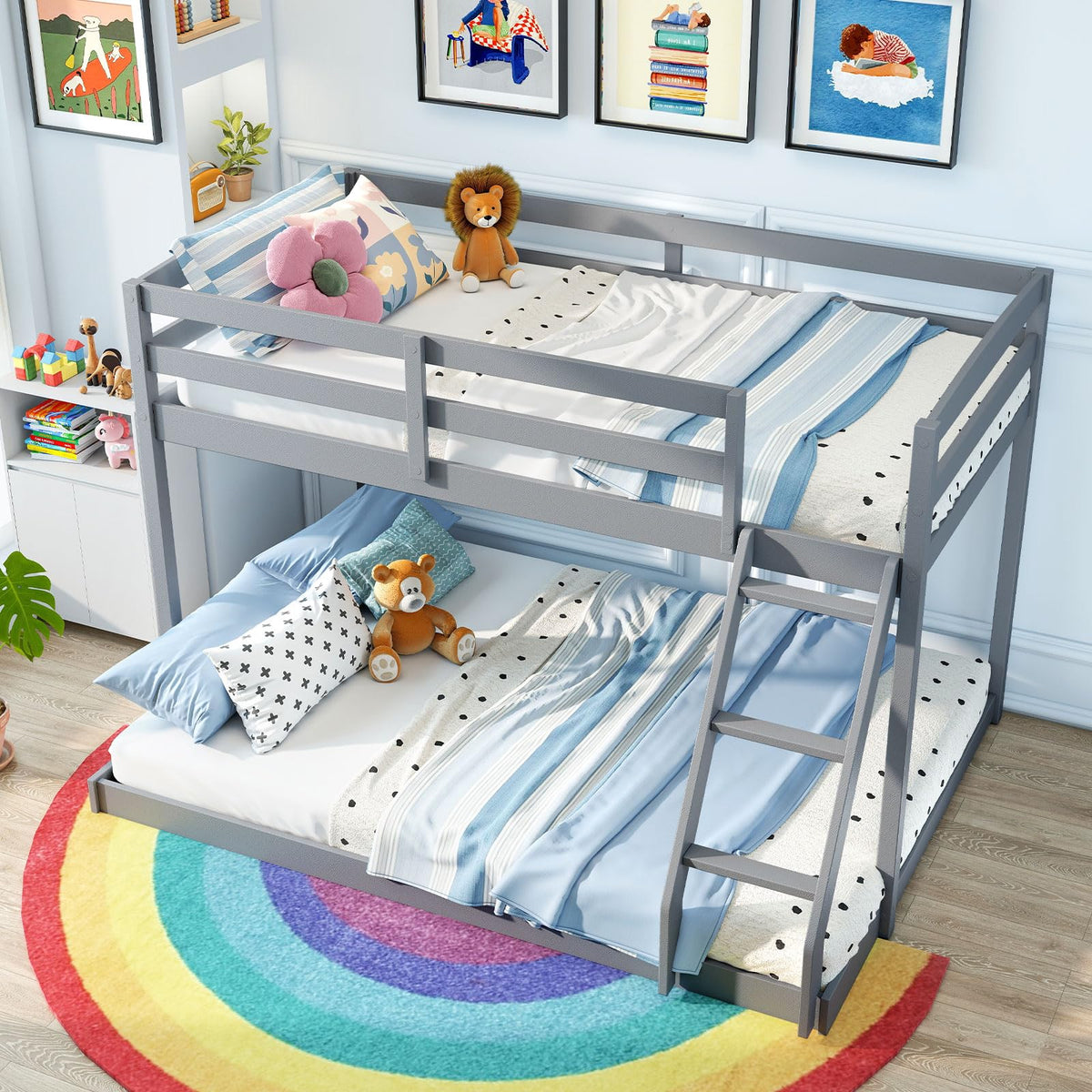 Goflame Twin Over Full Bunk Bed Solid Wood Kids Bunk Bed with Full-Length Guardrails & Ladder