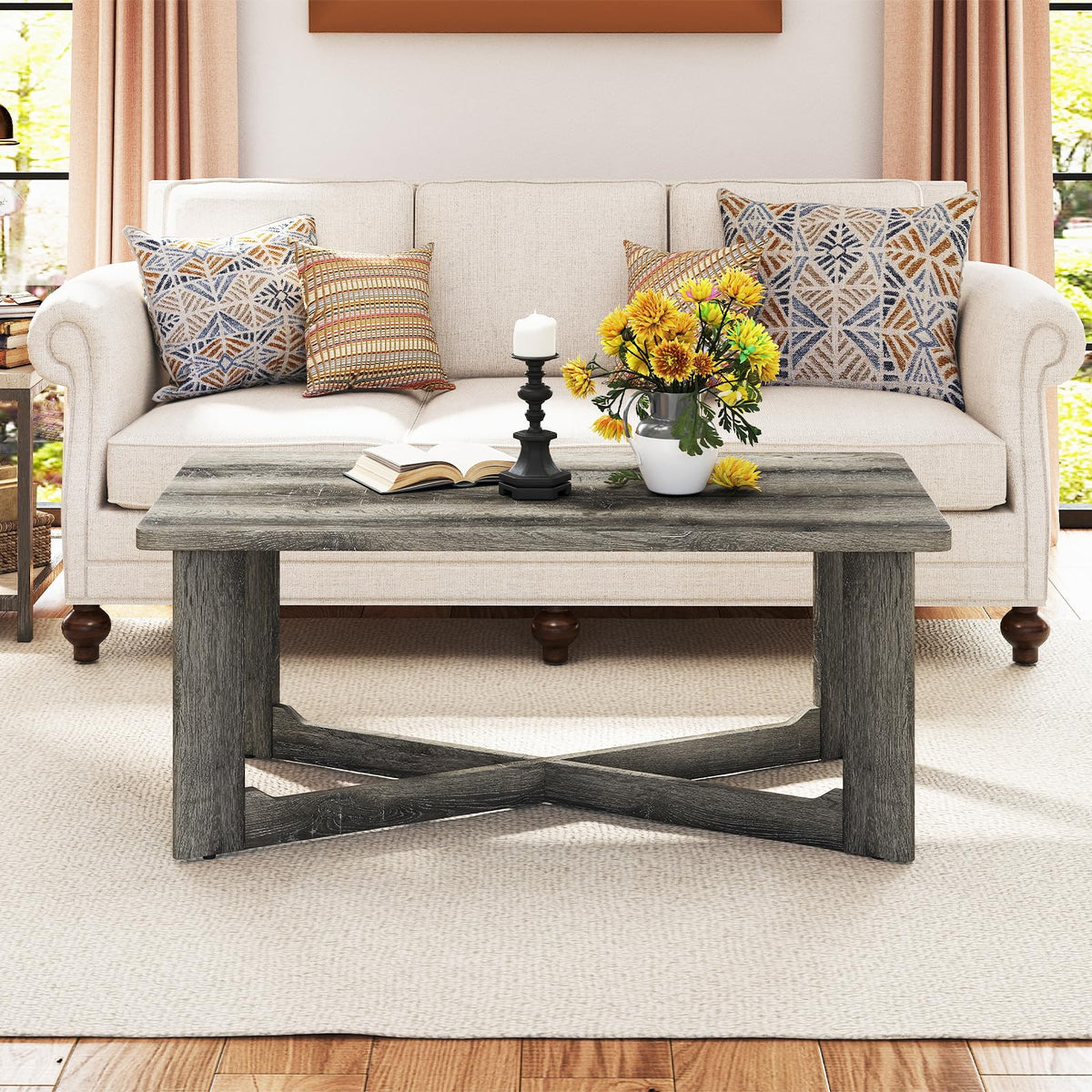Goflame Farmhouse Wood Coffee Table Rectangle Center Table with X-Shaped Base & Rubber Wood Frame