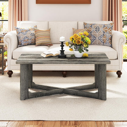 Goflame Farmhouse Wood Coffee Table Rectangle Center Table with X-Shaped Base & Rubber Wood Frame