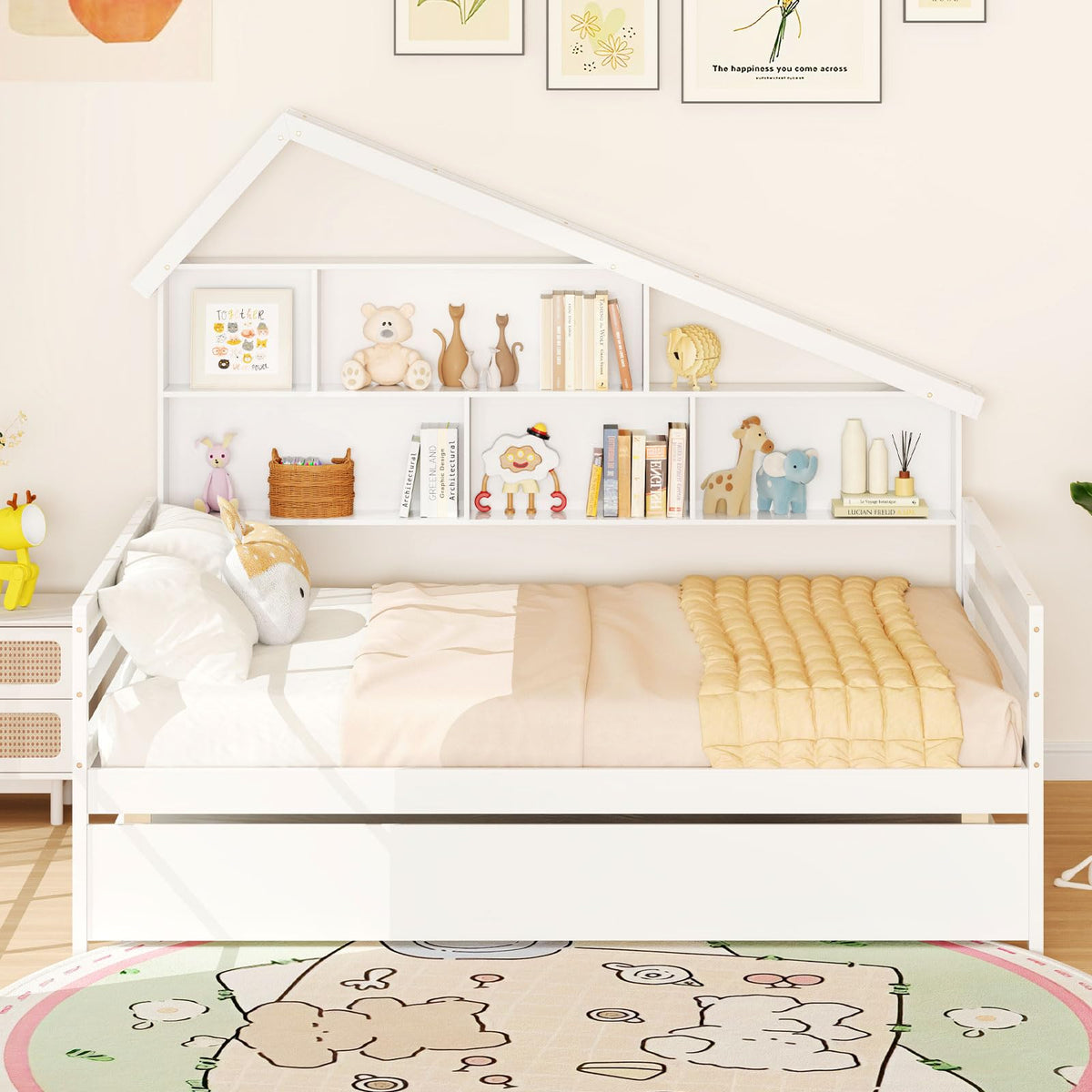 Goflame Full House Bed with Twin Trundle, Wood Daybed with 5 Cube Storage Bookcase & Headboard