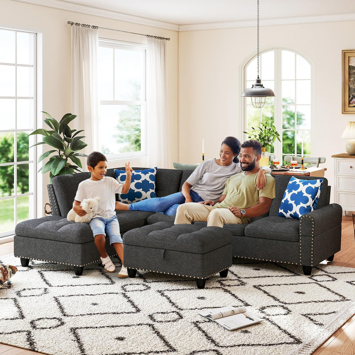 Goflame 98 Inches Sectional Sofa Couch with Movable Storage Ottoman and Linen Fabric Backs