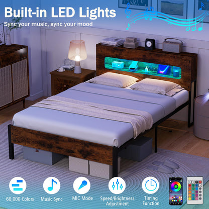 Goflame Full Size Bed Frame with LED Lights & Charging Station