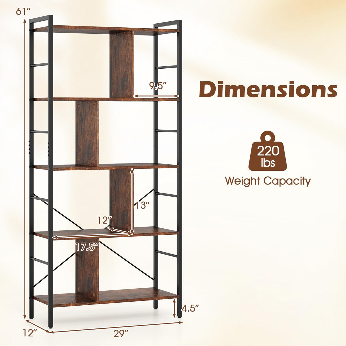 Goflame 5-Tier Tall Bookshelf 61" Industrial Bookcase w/Metal Frame