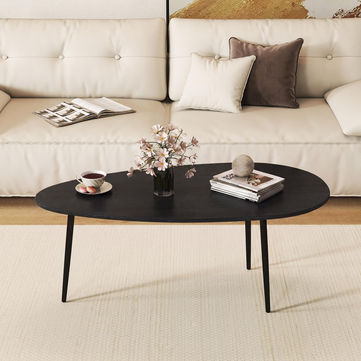Goflame Oval Coffee Table | Mid Century Modern Center Table with Sturdy Metal Frame and Compact Design