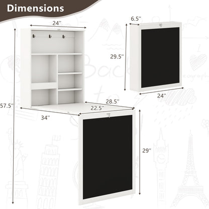 Goflame Foldable Wall Mounted Desk with Storage Shelves Hooks & Chalkboard