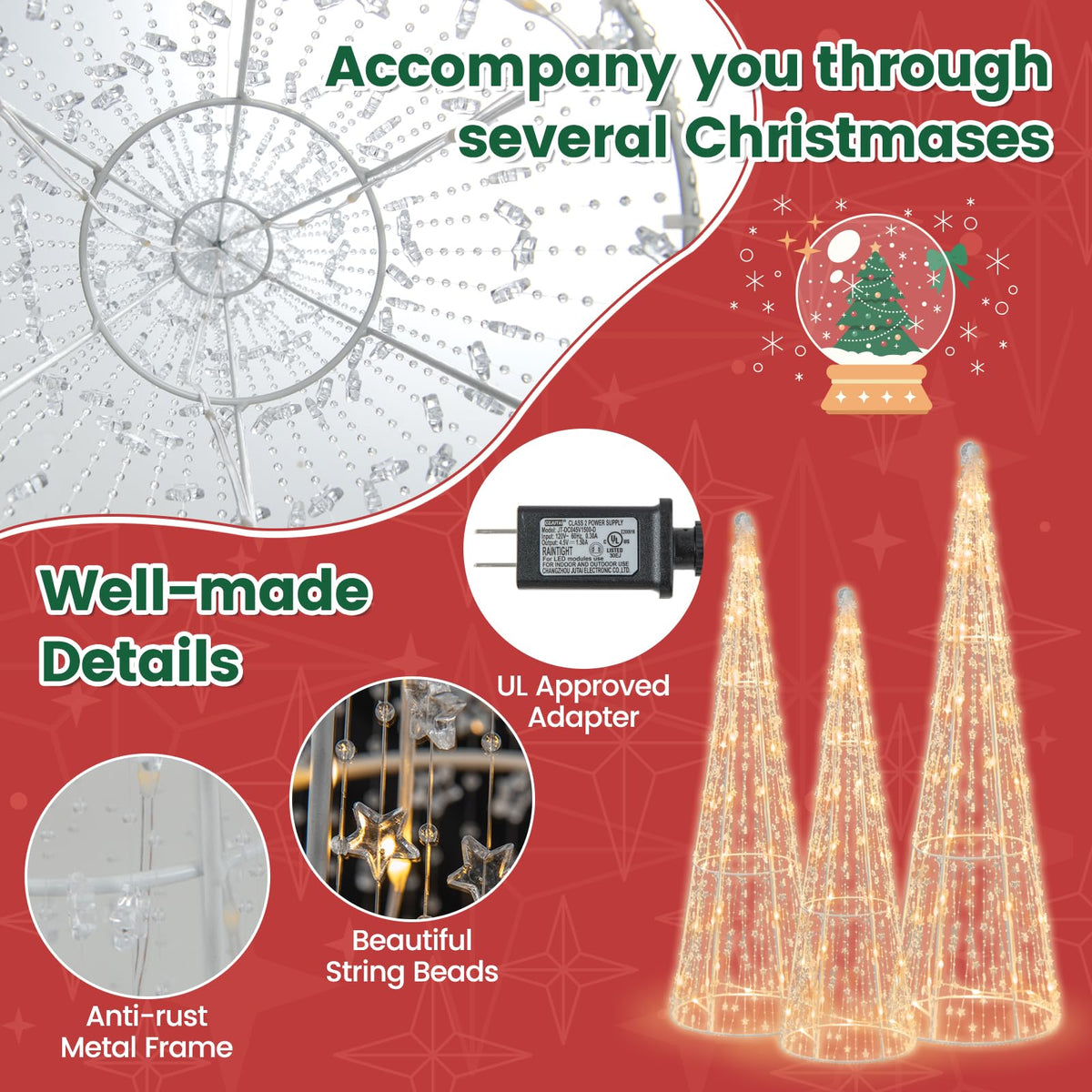GOFLAME Set of 3 Lighted Christmas Cone Trees