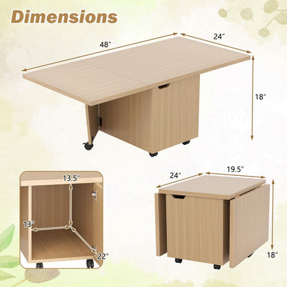 Goflame Folding Coffee Table 48 Inch Drop Leaf Extendable Center Table with Storage Cabinet & Wheels