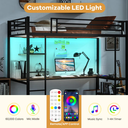 Goflame Twin Loft Bed with L-Shaped Desk, Metal Loft Bed Frame with LED Lights