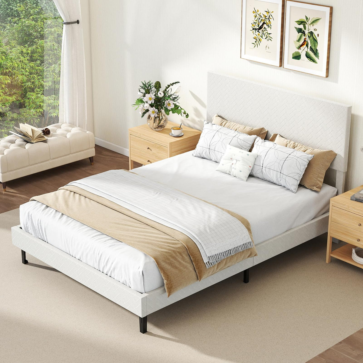 Goflame Bed Frame | Velvet Upholstered Platform Bed w/Height Adjustable Chevron Headboard