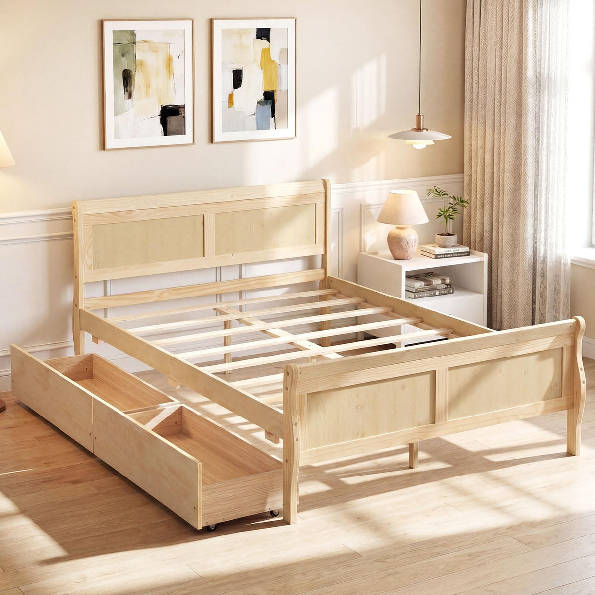 Goflame Twin/ Full/ Queen Bed with 2 Storage Drawers Wood Platform Bed with Headboard & Footboard