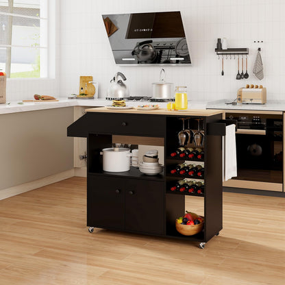 Goflame Rolling Kitchen Island Cart with Drop Leaf, Power Outlet, Spice Rack, 12 Wine Rack