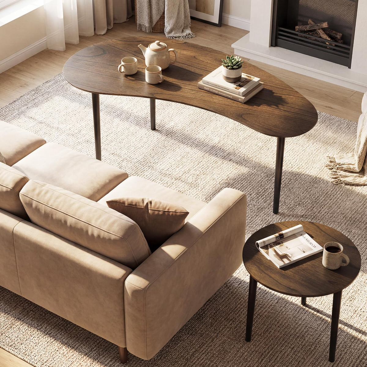 Goflame Nesting Tables Set of 2 | Mid Century Modern Coffee Tables with Solid Wood Support Legs